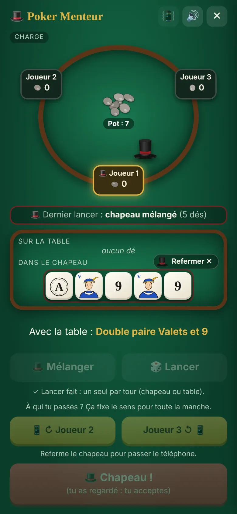 Screenshot of Poker Menteur on a phone