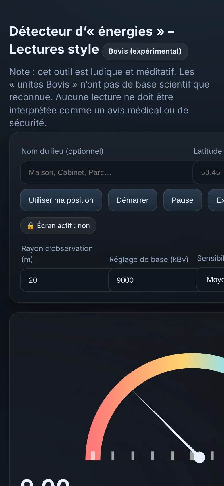 Screenshot of Détecteur d'« énergies » (Bovis) on a phone