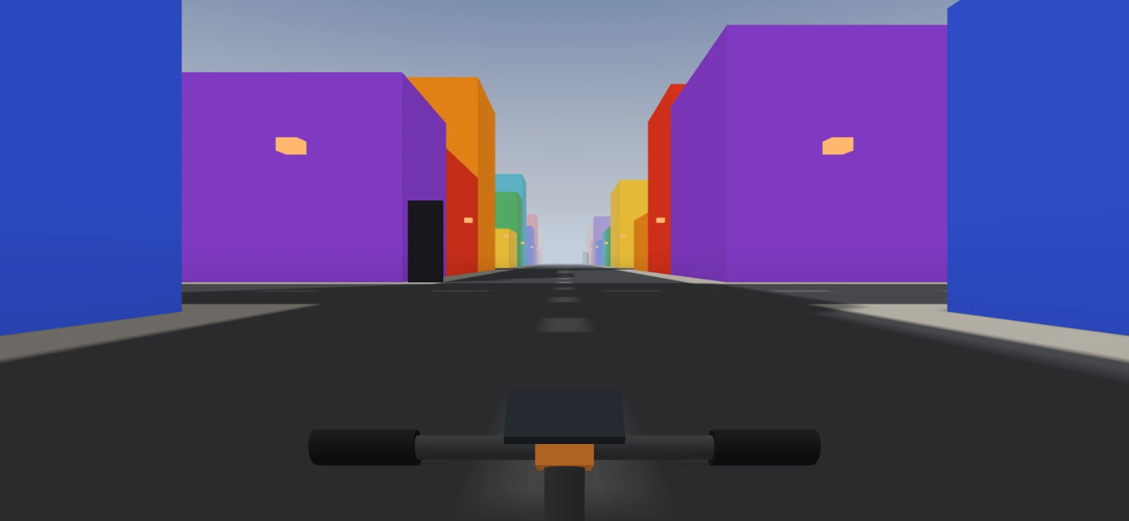 Même instant en vision classique : le même panneau est un rectangle noir devant une façade violette.