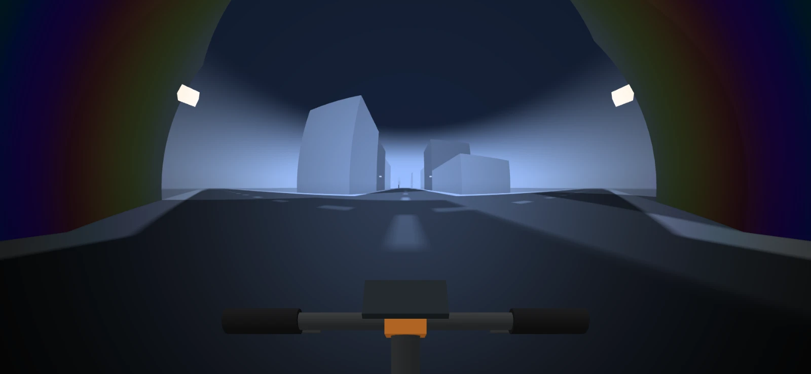 Vision relativiste à 27 m/s : toute la ville tient dans un cercle lumineux au centre, les bâtiments au bout de l’avenue sont gris-bleu clair, le bord de l’image est sombre avec des franges violettes et bleu-vert, deux lampadaires orangés en haut.