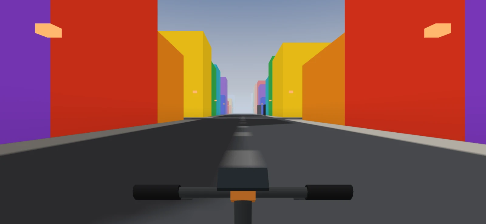 Même instant en vision classique : l’avenue droite entre de hautes façades rouges, violettes, orange et jaunes.