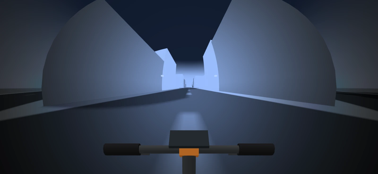Vision relativiste à 28,5 m/s : un tunnel lumineux bleu pâle au centre, l’avenue minuscule tout au fond, le reste de l’image gris-bleu sombre.